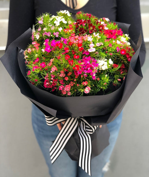 Dianthus bouquet pop of color for Valentine's Day lifestyle shot