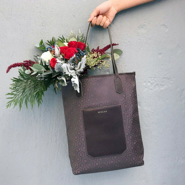 MISCHA's Rosewood tote with BYDEAU's flower bouquet
